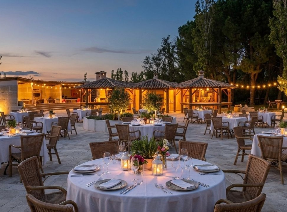 Dîner événementiel au crépuscule sous les guirlandes lumineuses du Domaine de la Myrtille